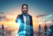 امرأة عراقية محجبة ترتدي زيًا رسميًا (جاكيت ووشاح) تمد يدها نحو شعاع ضوئي رقمي متوهج، يمثل الذكاء الاصطناعي والابتكار. في الخلفية، أفق مدينة غروب الشمس مع شبكة من الخطوط الرقمية المضيئة ولوحات بيانات، وعدد قليل من الأشكال البشرية وروبوت، مما يرمز إلى قيادة المرأة في الثورة الرقمية والتكنولوجية في العراق.