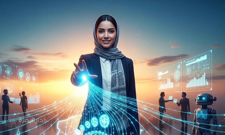امرأة عراقية محجبة ترتدي زيًا رسميًا (جاكيت ووشاح) تمد يدها نحو شعاع ضوئي رقمي متوهج، يمثل الذكاء الاصطناعي والابتكار. في الخلفية، أفق مدينة غروب الشمس مع شبكة من الخطوط الرقمية المضيئة ولوحات بيانات، وعدد قليل من الأشكال البشرية وروبوت، مما يرمز إلى قيادة المرأة في الثورة الرقمية والتكنولوجية في العراق.