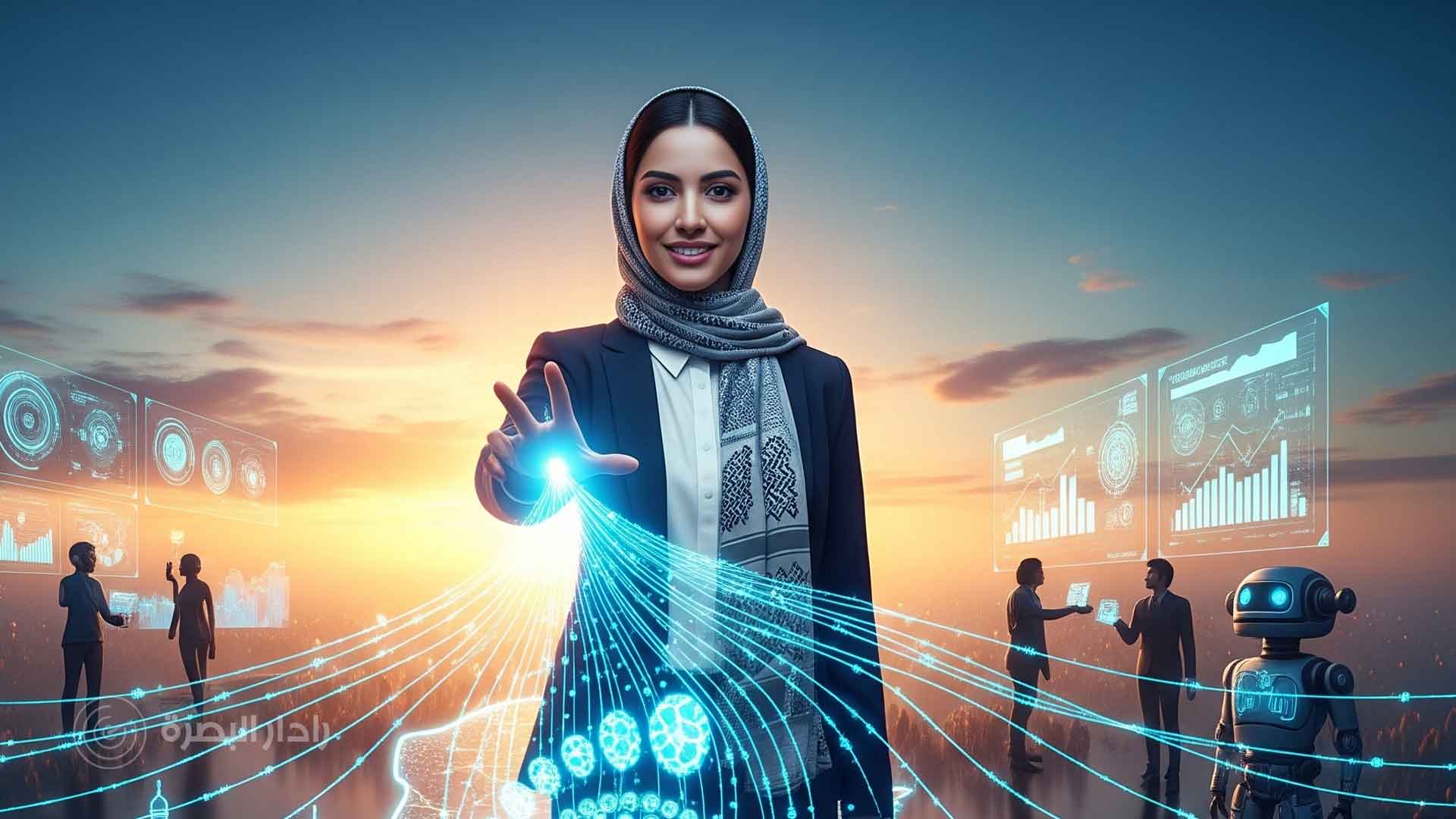 امرأة عراقية محجبة ترتدي زيًا رسميًا (جاكيت ووشاح) تمد يدها نحو شعاع ضوئي رقمي متوهج، يمثل الذكاء الاصطناعي والابتكار. في الخلفية، أفق مدينة غروب الشمس مع شبكة من الخطوط الرقمية المضيئة ولوحات بيانات، وعدد قليل من الأشكال البشرية وروبوت، مما يرمز إلى قيادة المرأة في الثورة الرقمية والتكنولوجية في العراق.