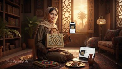 حرفية من البصرة تعرض منتجاتها اليدوية المصنوعة من السعف والتطريز، مع هاتف يعرض متجرها على Etsy وجهاز كمبيوتر محمول مفتوح، في إشارة إلى دمج التراث والتقنية لتسويق المنتجات عالميًا