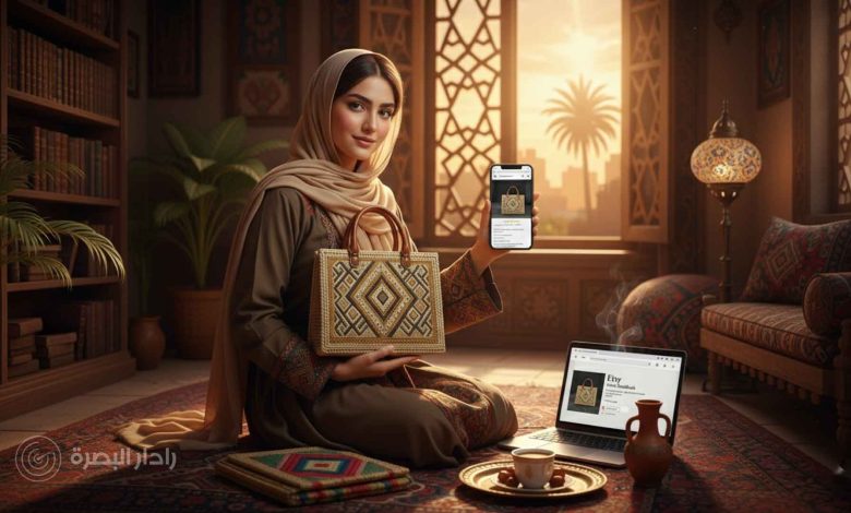 حرفية من البصرة تعرض منتجاتها اليدوية المصنوعة من السعف والتطريز، مع هاتف يعرض متجرها على Etsy وجهاز كمبيوتر محمول مفتوح، في إشارة إلى دمج التراث والتقنية لتسويق المنتجات عالميًا