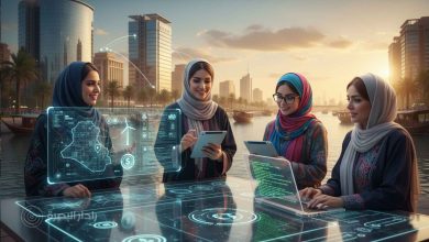 نساء عراقيات في البصرة يعملن على مشاريع تقنية مستقبلية على طاولة تفاعلية وهولوجرامية، مع خلفية مدينة ساحلية حديثة ترمز للابتكار والتمكين.