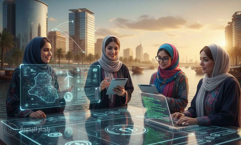 نساء عراقيات في البصرة يعملن على مشاريع تقنية مستقبلية على طاولة تفاعلية وهولوجرامية، مع خلفية مدينة ساحلية حديثة ترمز للابتكار والتمكين.