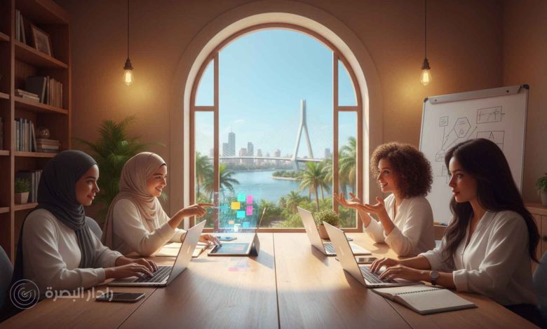 نساء من البصرة يعملن على مشاريع تقنية متطورة في بيئة عصرية وملهمة تطل على جسر البصرة، يمثلن التنوع والنشاط في بناء مستقبل رقمي. دور المرأة في صناعة التكنولوجيا